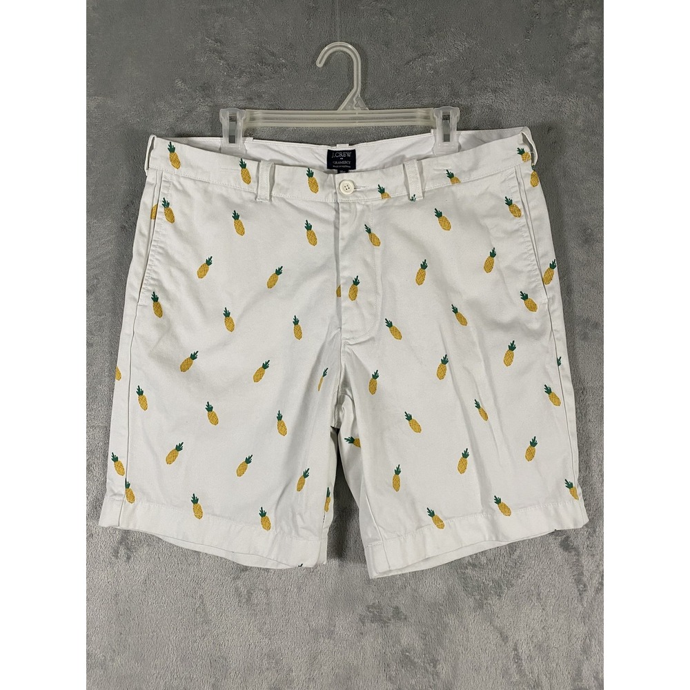 J Crew Shorts Mens 36 White Pineapple Print Flat Front Chino Casual Summer Beach